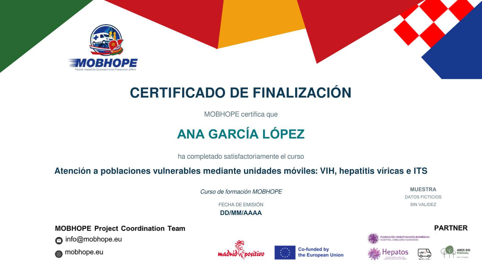 Sample MOBHOPE course completion certificate in Spanish, marked as containing fictitious details and having no validity.
