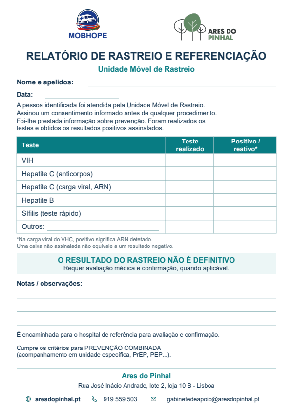 First page of the Portuguese screening and referral form for Ares do Pinhal